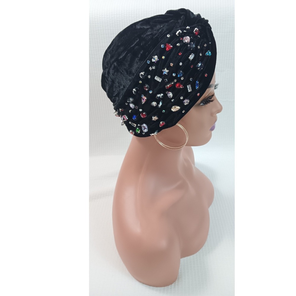 Black‎ Velvet Rhinestone Turban Head Covering Hijab Cap Stretch Gem Accents
